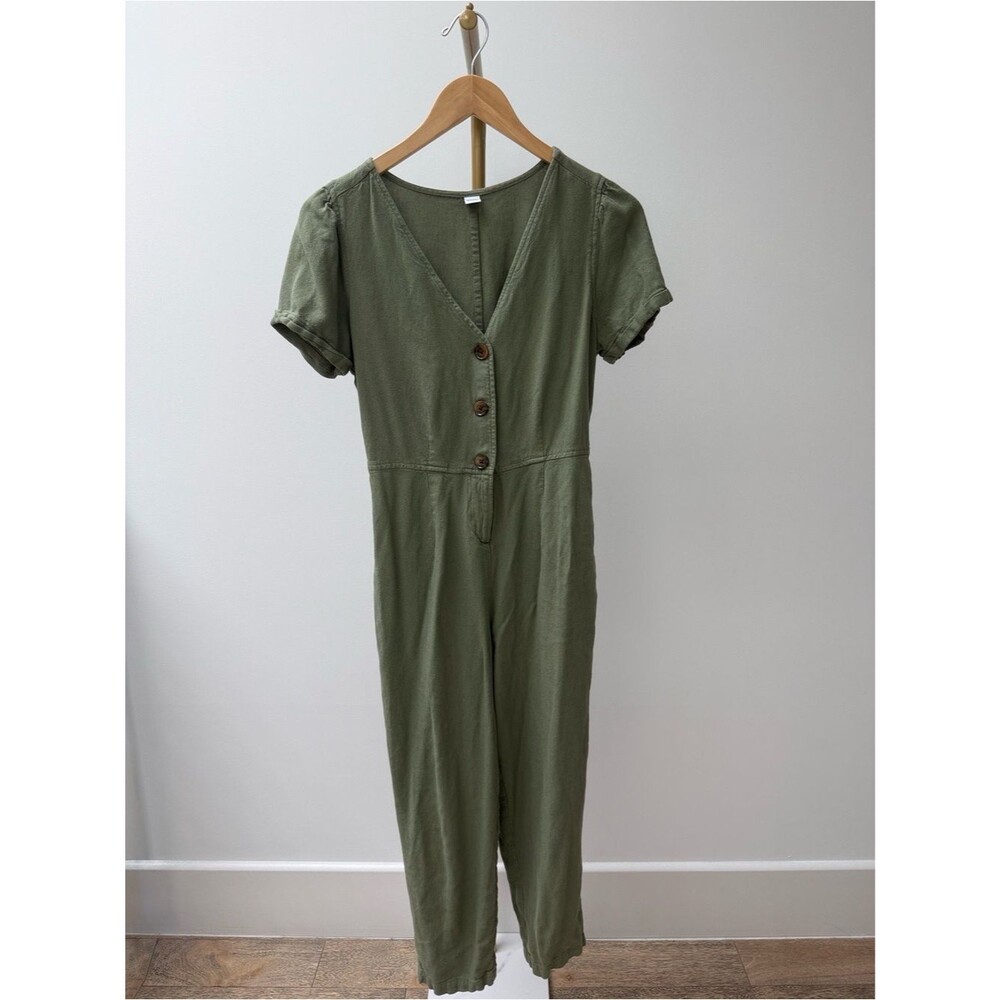 Olive Green Short-Sleeve Button Jumpsuit XS